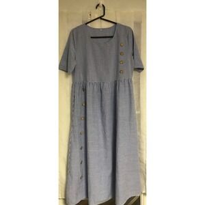 Unbranded Blue White Striped 100% Cotton Midi Dress Short Sleeve Wood Buttons M